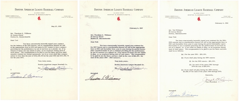1955-1958 Ted Williams Signed Boston Red Sox Player Contract Cover Letters Including Annuitized Post Career Contract Payment Schedule (PSA/DNA & JSA)